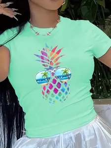 Women's Pineapple Print Round Neck Tee, Casual Short Sleeve Crew Neck T-shirt for Summer, Fashion Women's Top for Daily Wear