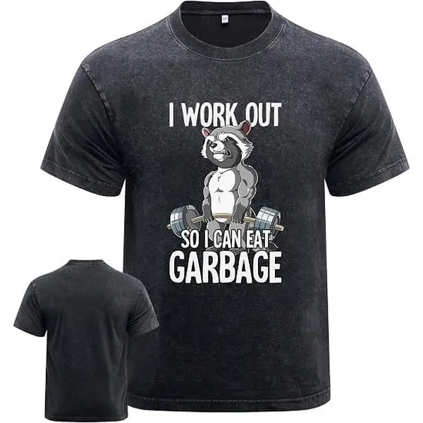 Men's Washed "I Workout So I Can Eat Garbage" Gym T-Shirt, Short Sleeve Tops, Men's Gym Tops, Multi-Size