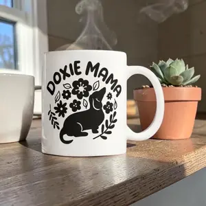 Floral Dachshund Silhouette Mug, Doxie Mama Coffee Cup, Dog Lover Gift