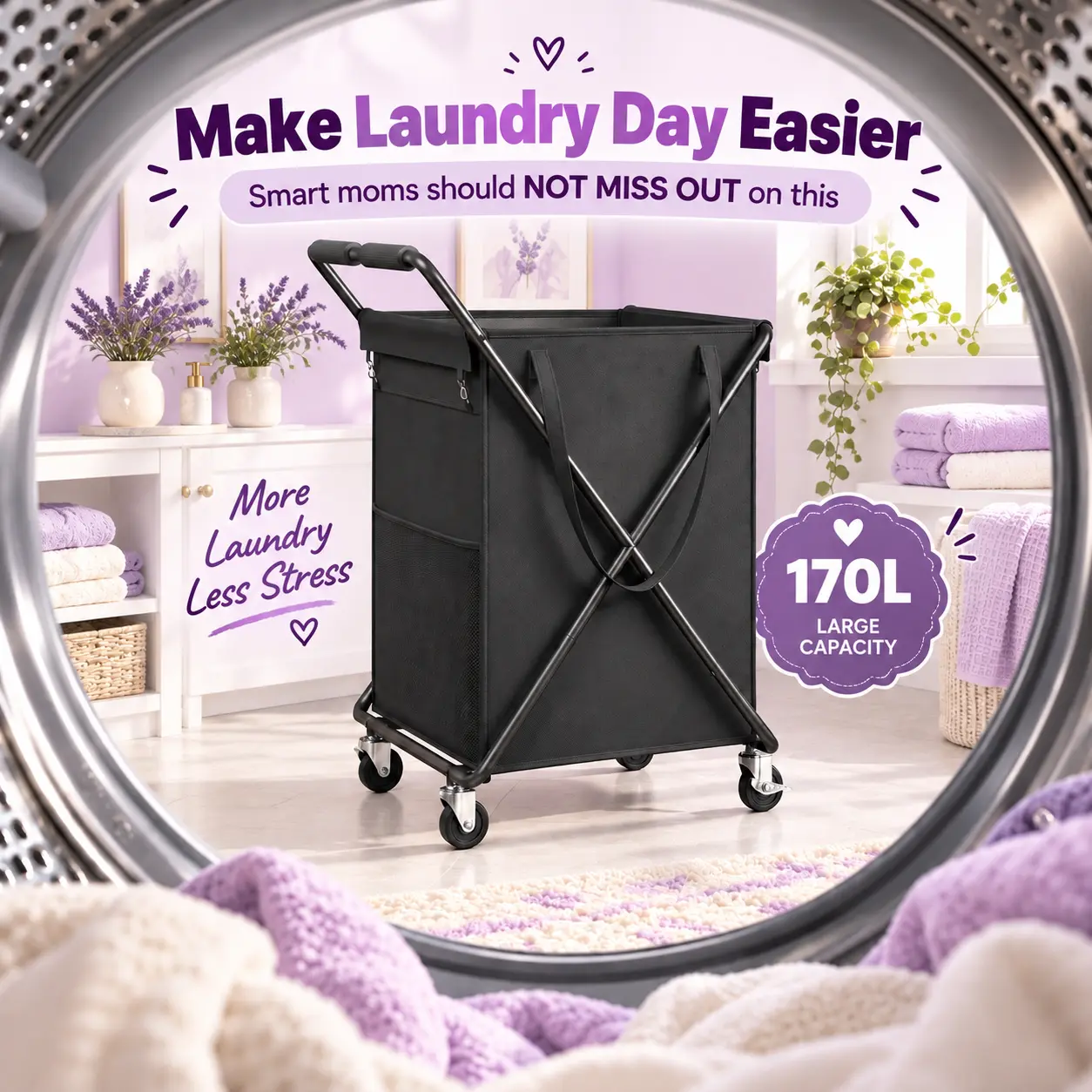 【Stock Up】Raybee STURDY & SMOOTH Metal Frame 170L/45 Gallons Laundry Basket With Wheels, Laundry Cart with extra Large Reinforced Handles for Homeuse & Laundryroom, Laundry Organiser Washable & Removeable Bags, No Sweat odors,Dirty Clothes Basket,Dorm Use