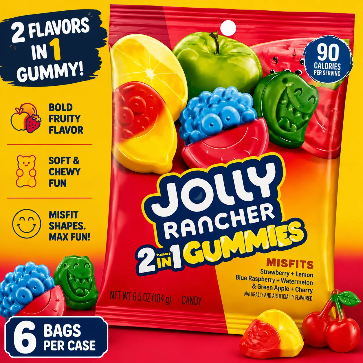 Jolly Rancher 2 in 1 Gummies Misfits 6.5 oz 6 Count  Sweet & Sour Dual Flavor Gummy Candy | Fruity Chewy Treats