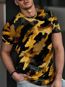 Men's Casual Classic 3D Digital Print Camouflage T-Shirt, Polyester Fiber, Round Neck, Short Sleeve, Street Hip Hop Style, Summer Fashion, Streetwear
