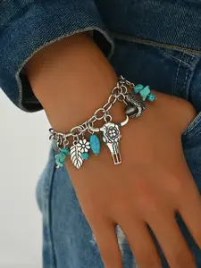 Women's Western Cowboy Turquoise Bracelet, Bohemian Style Ethnic Pattern Layered Cross Pendant, Adjustable Cactus Feather Charm, Country Music Festival Jewelry, Jewelry Accessory