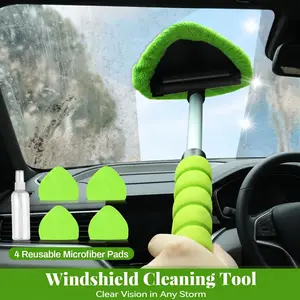 Windshield Cleaning Tool, Microfiber Car Window Cleaner with 4 Reusable and Washable Microfiber Pads and Extendable Handle
