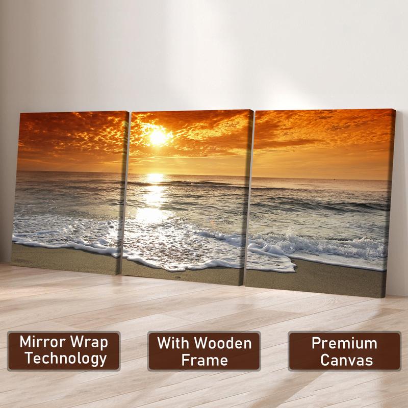 3Pcs Wooden Framed Canvas Painting, Ocean Sunset Beach Waves Scene, Exquisite Poster, Home Decoration, Pattern Wall Art Decor, For Living Room, Bedroom, Office, Restaurant, Bar Wall Decor, Odorless, Painting, Print Artwork.