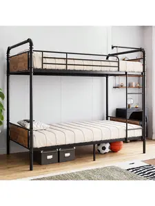 【Christmas Gift】Black One Size  Metal Bunk Bed Twin Over Twin For Kids, Heavy Duty Twin Size Convertible Bunk Bed With Guardrail & Ladders, Noise Free, No Box Spring Needed, Vintage Brown,Vintage Black