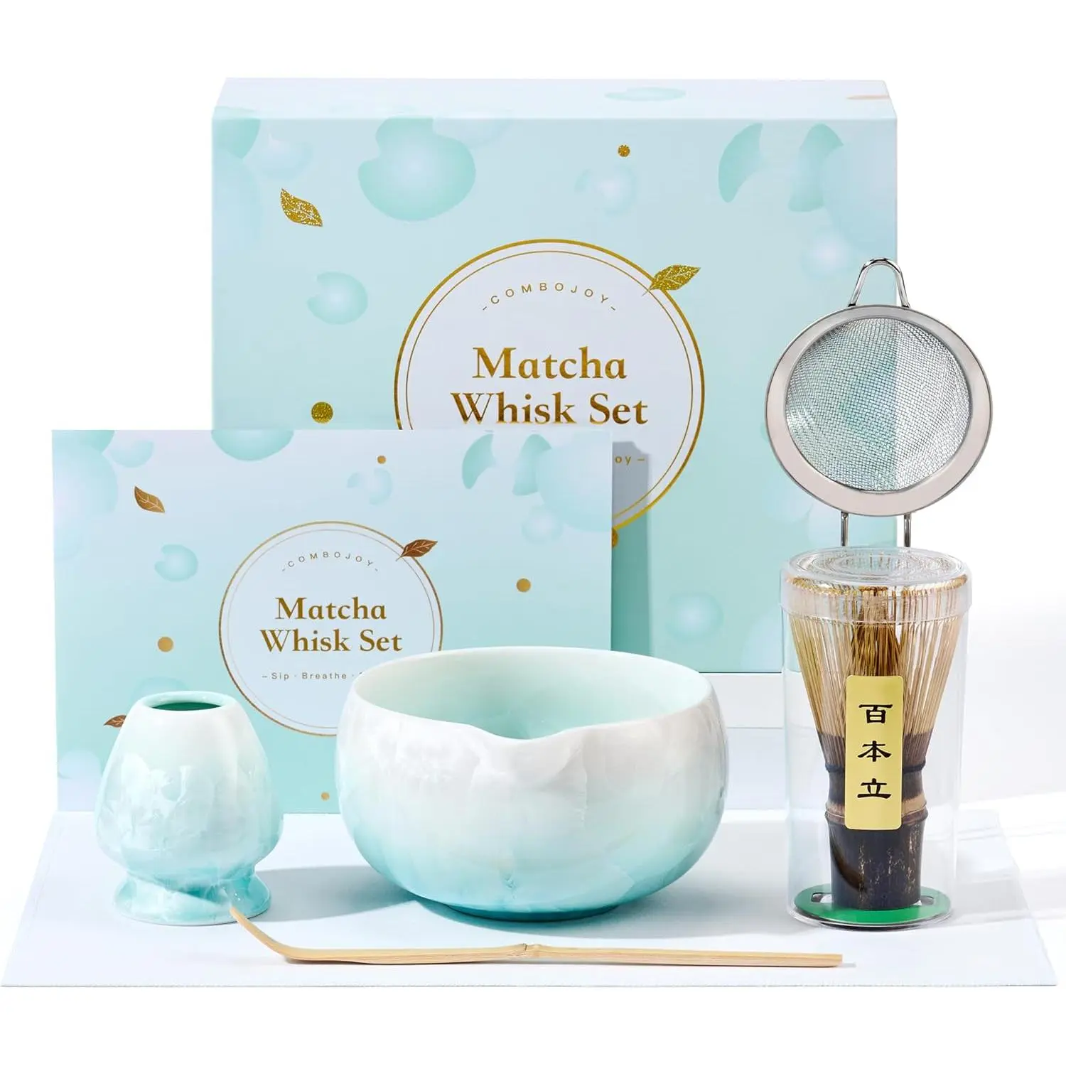 Matcha Whisk Set - 6PCs Japanese Matcha Kit with Crystalline Glaze Bowl Purple Bamboo Whisk Scoop Sifter & Tea Towel Ideal Gift for Women Moms and Her