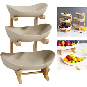 3 Tier Ceramic Fruit Plate Bowl with Bamboo Wood Stand,Fruit&Vegetable Candy Dish Decor Basket Large Capacity Vegetable Storage Stand Snacks Rack Tray Plate Rack for Party Wedding,Brown