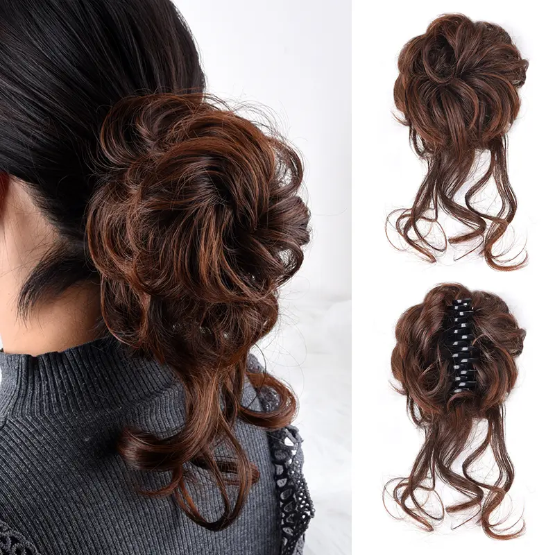 ZIHAN Short Messy Bun Hair Piece Fluffy Curly Flower Bud Bun Grab Clip Wigs for Women Ponytail Extension Synthetic Hair Extensions Clip