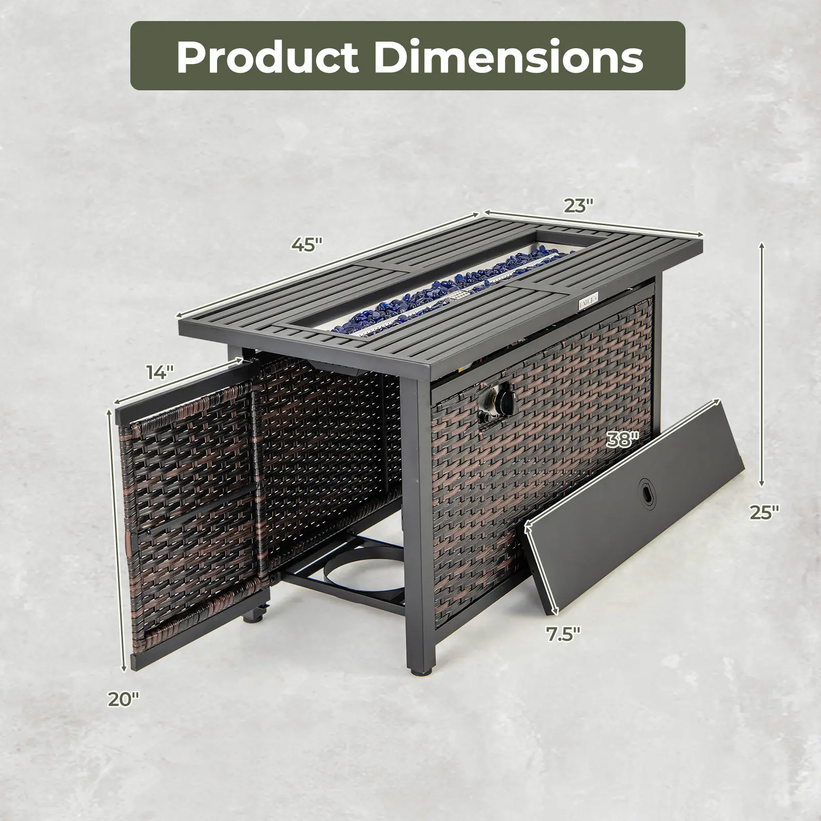 COSTWAY - 45 Inch Propane Rattan Firepit Table with Glass Stones and Protective Cover-Mixed Brown