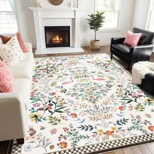 Flamingo & Floral Print Area Rug, Non-slip Soft Floor Mat, Decorative Carpet for Home Living Room Bedroom, Home Decor