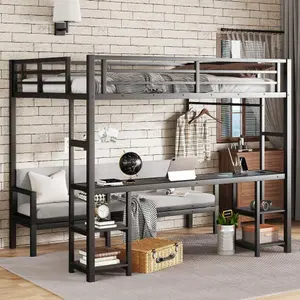 Bellemave  Futon bunk Bed Twin XL Over Queen, Queen loft Bed with futon and Desk and Shelves, loft Bed with Des Kand LED and USB, Black