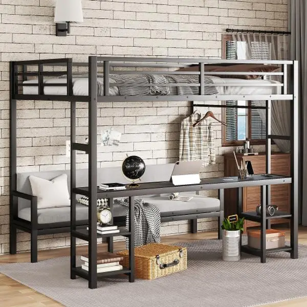 Bellemave  Futon bunk Bed Twin XL Over Queen, Queen loft Bed with futon and Desk and Shelves, loft Bed with Des Kand LED and USB, Black