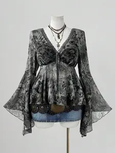 HANNA x Sunspun Plus Size Women Cashew Floral Print Contrast Lace V-Neck Flare Sleeve Fashionable Blouse