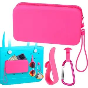 Mity rain Silicone Wallet for Bogg Bag Phone Holder, Accessories Set for Bogg Bag Contain 2PCS Key Holder and a Large Capacity Silicone Zipper Bag for Beach Bags Tote Bag (Rosa)