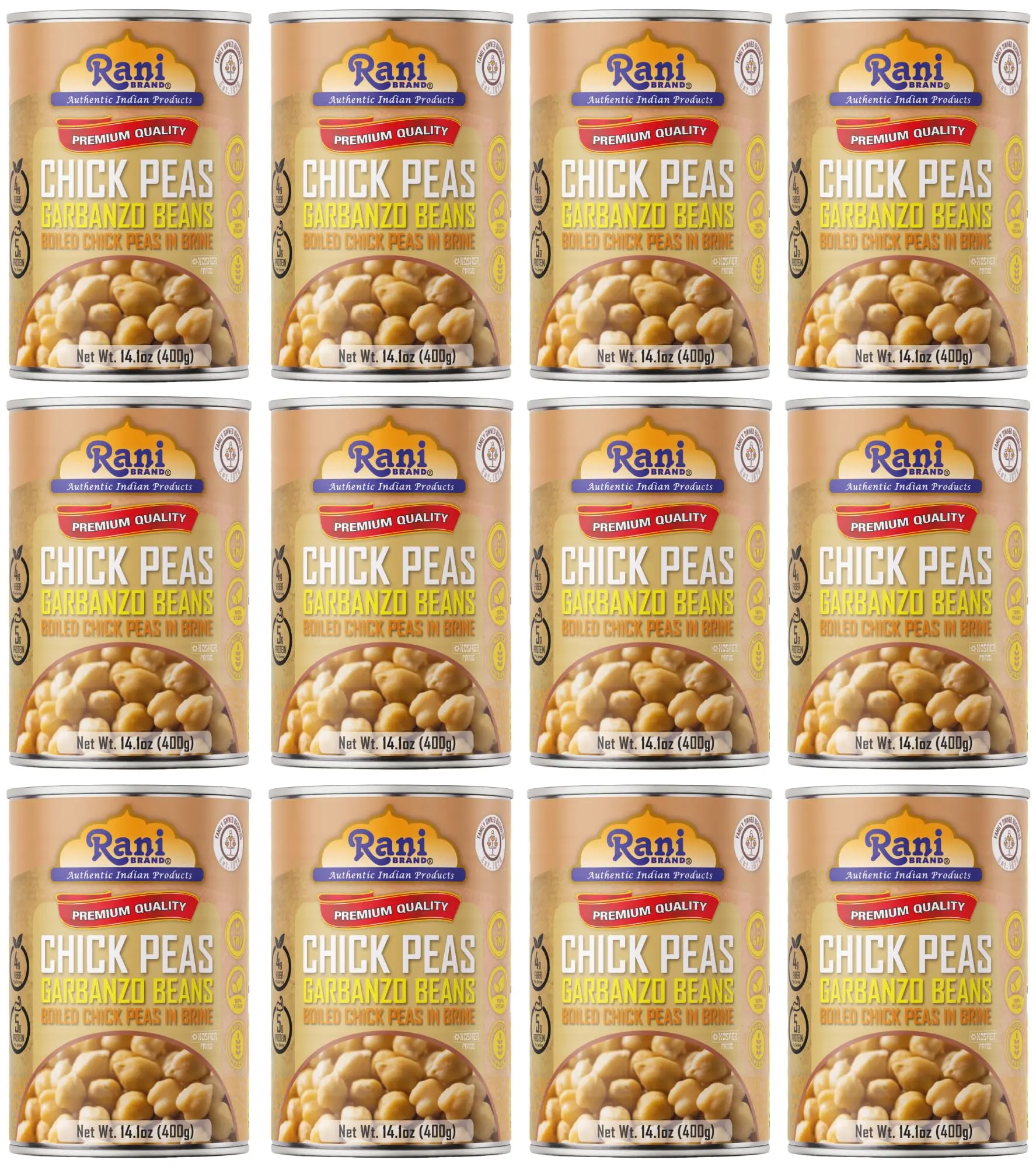 Rani Chick Peas, Garbanzo Beans (Boiled Chick Peas in Brine) Kabuli Chana 14oz (400g) Pack of 12 ~ Easy Open Can | All Natural | Vegan | Gluten Friendly | NON-GMO | Kosher | Indian Origin