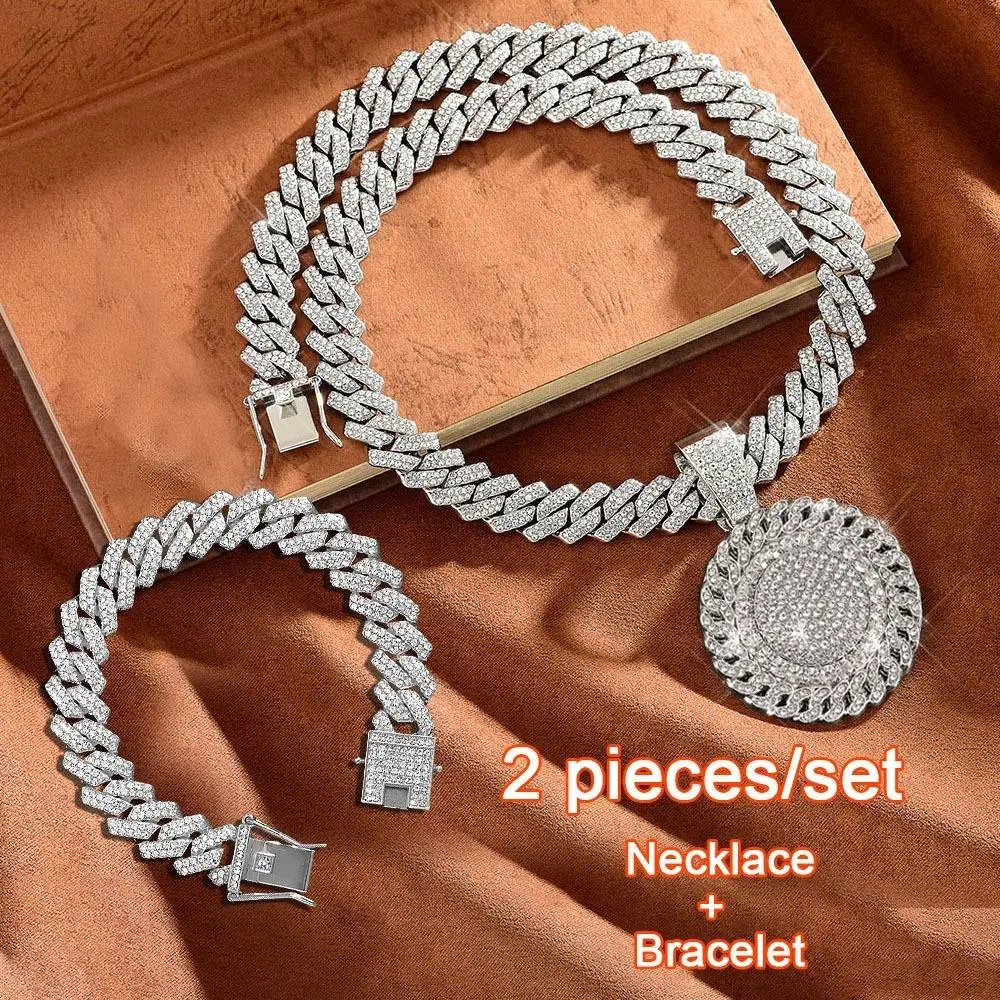 Cuban Chain 2-Piece Round Pendant Necklace with 8-Inch Bracelet Set - Hip-hop Rapper Couple Gift, Fashionable Wear for Parties and Outings