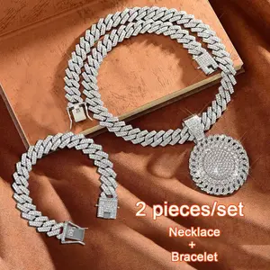 2-piece Round Pendant Cuban Chain Necklace with 8-inch Bracelet Set - Hip-hop Rapper Couple Necklace, Thanksgiving Christmas New Year Gift, Fashionable Wear for Parties and Outings