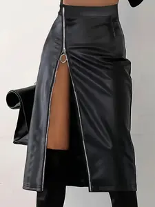 Women's PU Leather Midi Skirt, Zipper Split Design, Elegant Party Wear, All-Season Fitted Dress, French Style, Sexy & Beautiful