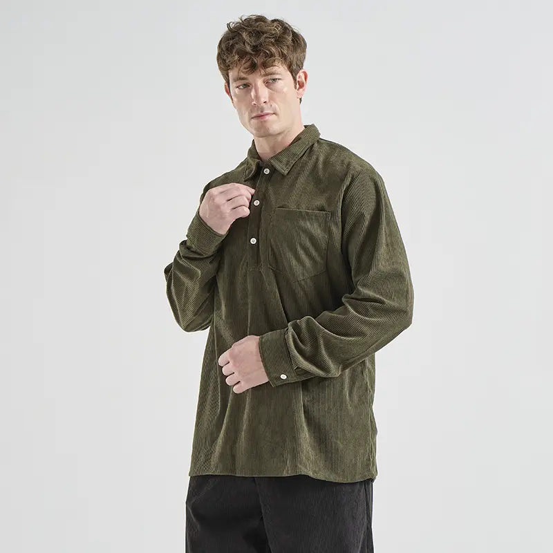 TJL Men's Solid Half-Button Front Corduroy Polo Shirt - Regular Fit, Long Sleeve, Casual Loose Fitted, Collared Polo Men's Casual Shirts for Fall Winter, Wardrobe Staples, Green Menswear, Polo Style
