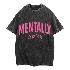 Men's Vintage Shortsleeve Round Neck Washed-Distressed Menswear T-Shirt - Casual Everyday Fit, Festive Streetwear Style with Playful "Mentally Spicy" Typography for Trendy Look