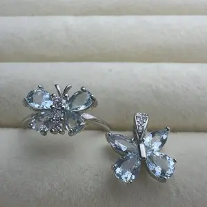 <PingEast jewelry > Aquamarine——925 Sterling Silver Natural Aquamarine Butterfly Jewelry Set – Includes One Ring, One Pendant. Ring size: 9×12mm, Pendant size: 9×14mm