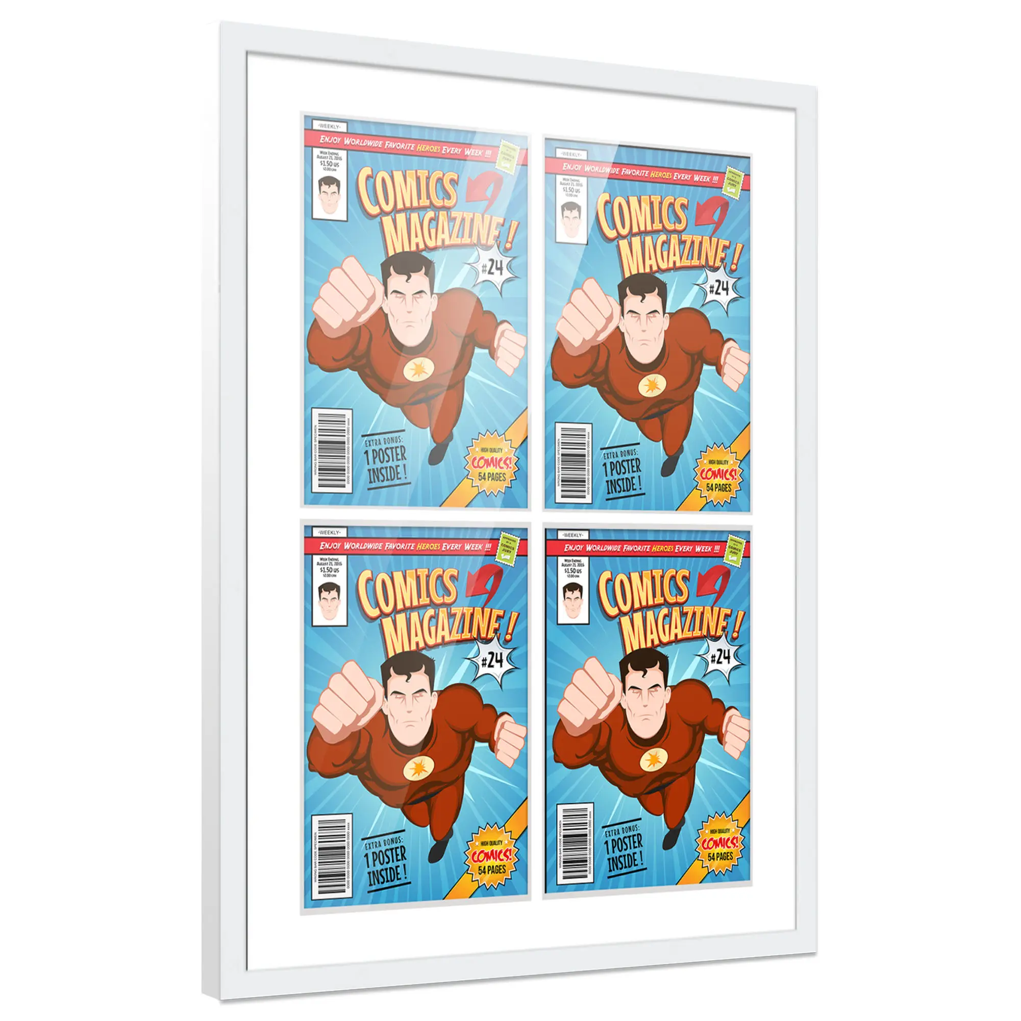 Comic Book Frame with Mat for 4 Silver Age Comics Published Between 1956 and 1970 - White Wood Comic Frame With White Mat for 7.125x10.5 Comics - 20x25.5 Frame Size