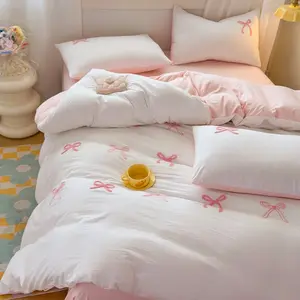 Cute Bow Embroidered, Includes 1 duvet cover and 2 Pillowcases, Soft Fabric, Easy care, Suitable for All Seasons, Soft Bedding Sets