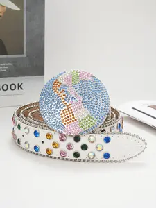 White Crocodile Embossed Belt with Colorful Rhinestones, Full Round Buckle Design, Multi-Color Sparkling Diamonds, Stylish Versatile Wide Waist Belt