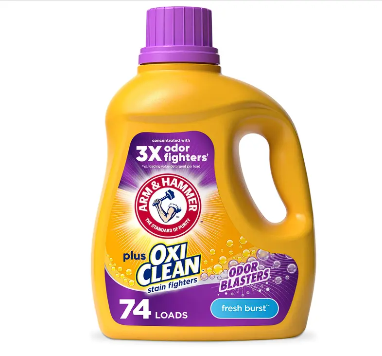 ARM & HAMMER Plus OxiClean with Odor Blasters Liquid Laundry Detergent, Laundry Odor Remover, Attacks Stains, Fresh Burst Scent, 74 Loads, 96.2 Fl Oz