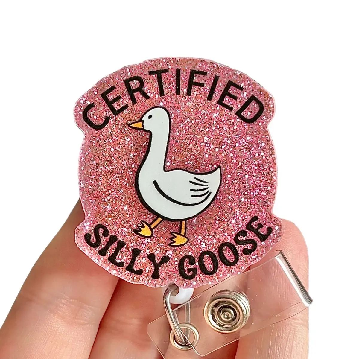 Glitter My Badge Funny Pink Silly goose badge reel for nurse and hospital workers. Badge clip Badge pull - Retractable swivel clip with a 360 rotation. Great gift for coworker.