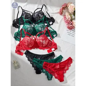 Women's Underwire Bra & Scallop Trim Thong Sheer Floral Lace Set, Romantic Adjustable Strap Lingerie Set, Soft Comfy Breathable Underwear Set for Women