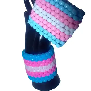 2 Trans Pride Kandi Cuffs-Glow and Blue-Pink-White EDC Kandi Bracelets-LGBT Pride- Upper Arm Band Handmade-To-Order