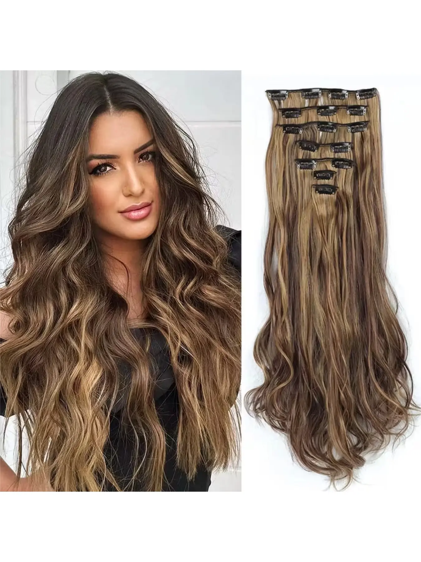 7pcs Natural-Looking Long Curly & synthetic wavy hair Best Extensions for Women - 140g Clip-In Wig Set with 16 Clips for Daily Wear Synthetic Hair Pieces Wavy Hairpieces