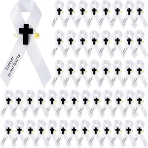 50 count Memorial Funeral Ribbon with Cross Pins Respect Ribbon Bow Forever in Our Heart for Funeral Party Armband Mourning Event Remembrance Supplies(White)