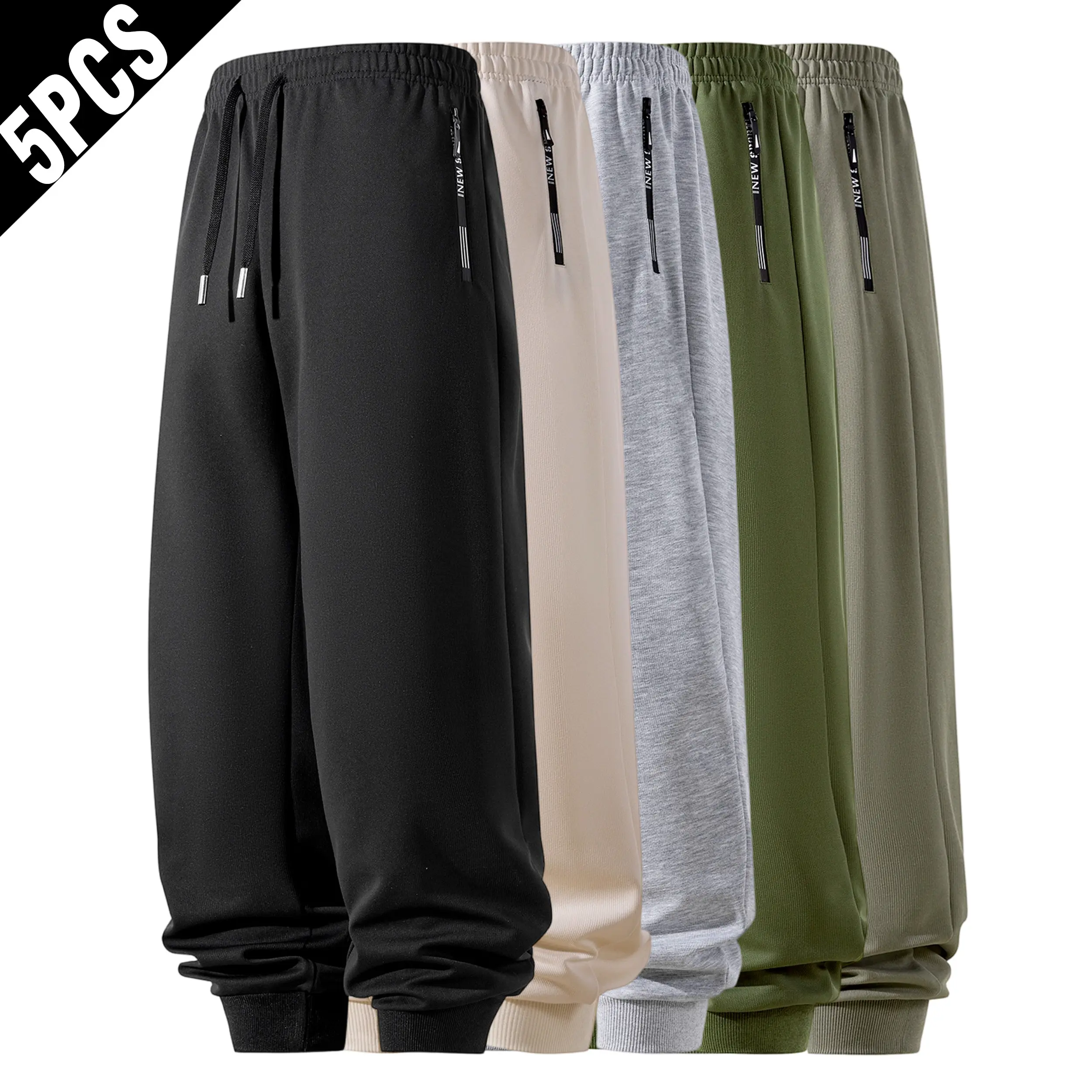 5 Pack Men Soft Stretch Jogger Sweat Pants, Metal Tip Drawstring Elastic Waist Side Zipper Pocket Ribbed Cuff Casual Athletic Trousers Multipack male clothes com frt clothing Lightweight Workout Sweatpants outdoor training pant
