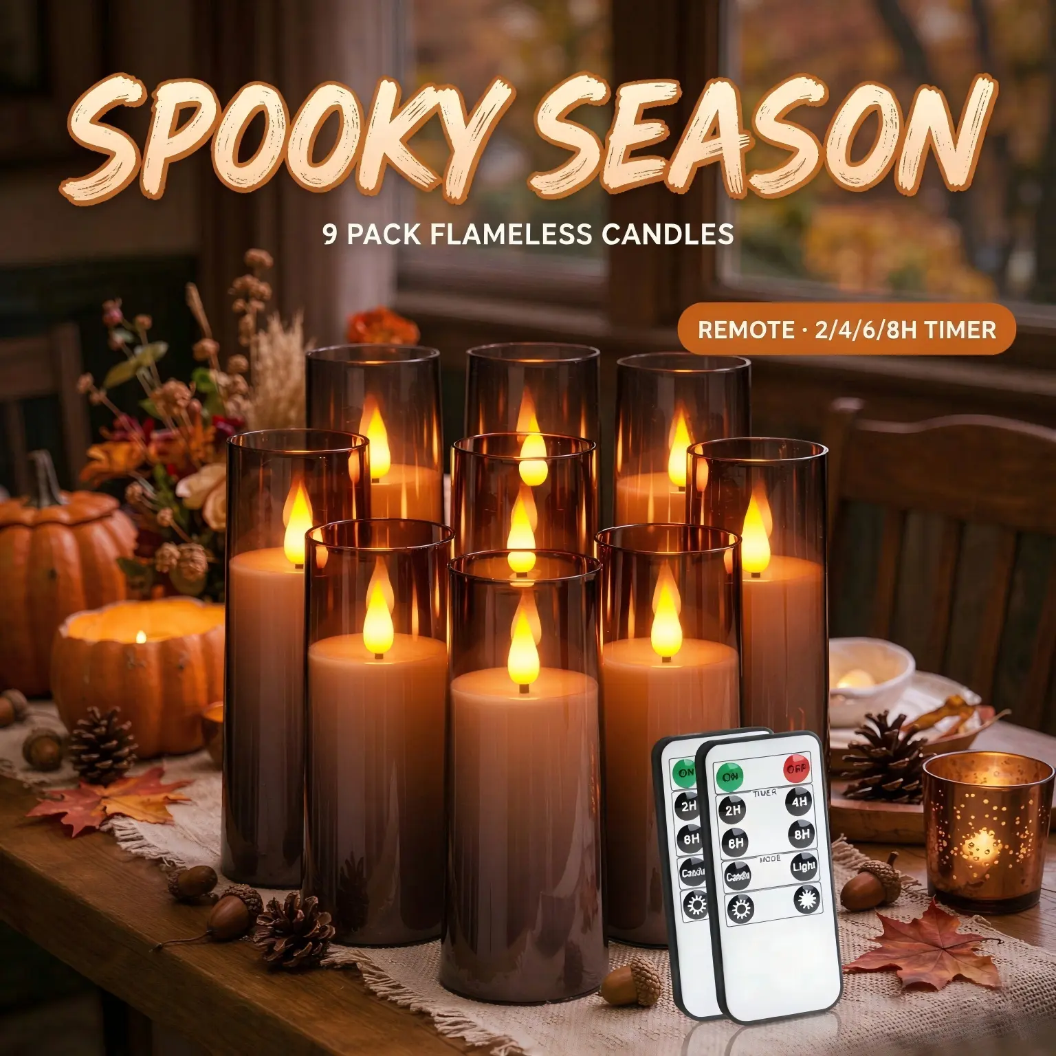 Flameless Pillar Candles Set (Grey, 9-Piece), Battery-Operated with Remote-Controlled, Timer Functionality & Auto Shut-Off, 3D Flame Wick, Warm Yellow Light, D2.2xH5/6/7in, 500+ Hours Long-Lasting, for Home Holiday Decor, Home Improvement Outdoor Lights