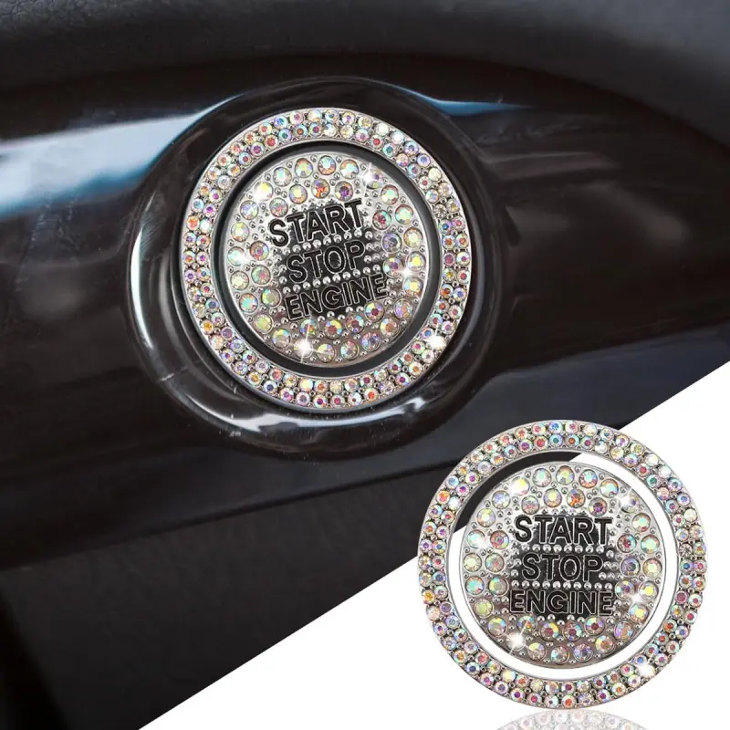 Bling Crystal Car Engine Start Ring Sticker, Sparkling Rhinestone Push Start Button Decorative Cover, Anti-Scratch Key Ignition & Knob Bling Ring Car Interior Accessories for Women (AB)