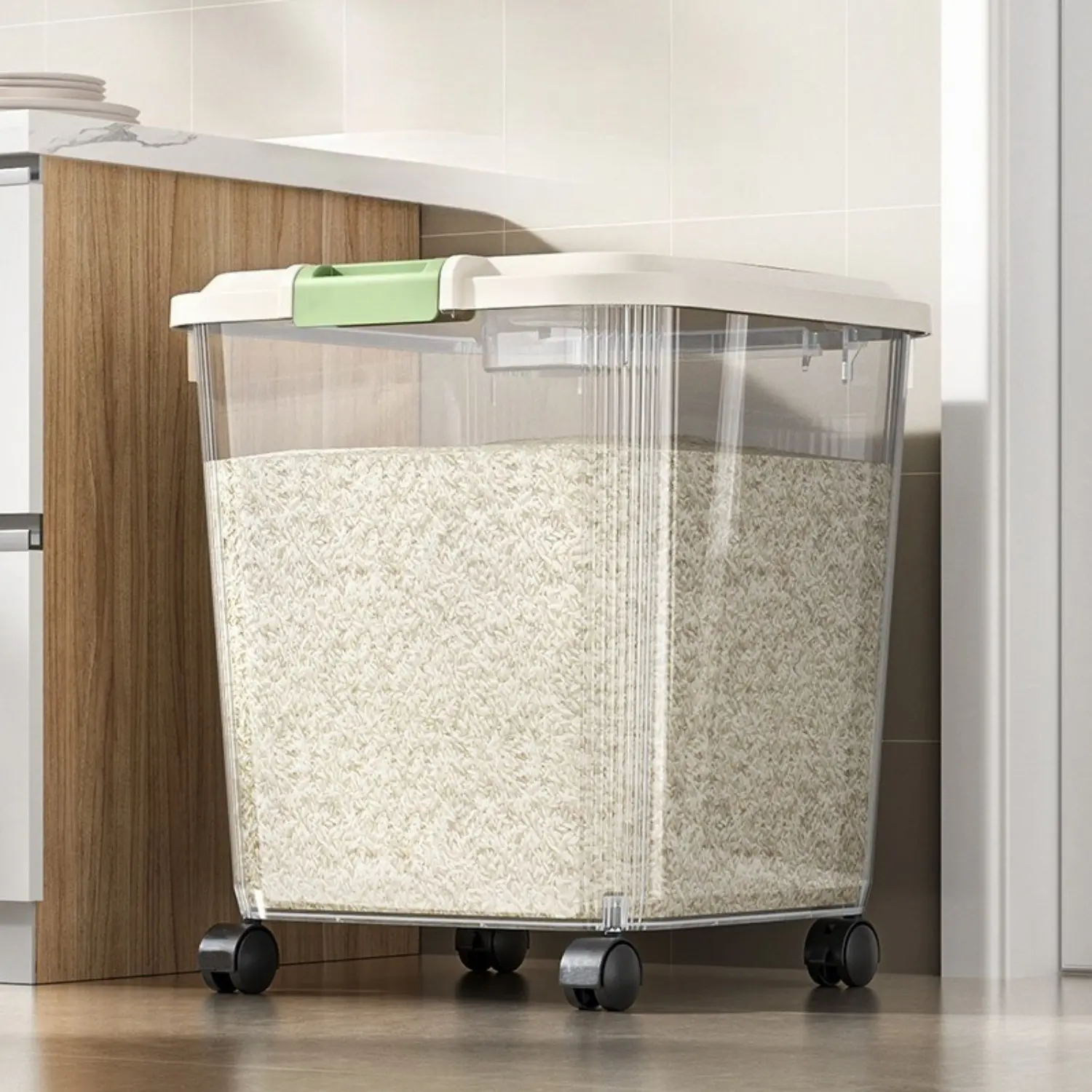 25kg Large-Capacity Airtight Food Storage Container with Wheels - Transparent, Insect-Proof Bin for Rice, Flour, and Pet Food | Includes Measuring Cup