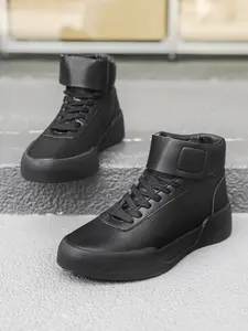 Men's All - Black Thick - soled High - top Sneakers, Functional Retro Style, Leather - spliced Material, Leather Closed Toe, Thick Sole & Eye - catching, Comfortable on Feet, Ideal for Daily Outfits & Street Outings
