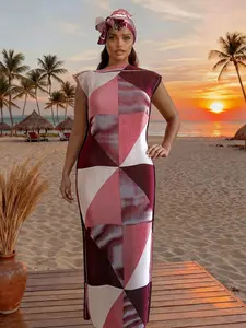 Women's Elegant Geometric Print Long Dress Matching Set, Slim-Fitting Moo Moo Skirt & Scarf, Beach Sun Protection Shawl, All Seasons Fashion, Lightweight