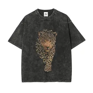 260g Heavyweight Vintage Washed Leopard Graphic T-Shirt, 100% Cotton Breathable & Moisture-Wicking Acid Washed Tee, Wild Animal Print Streetwear Oversized Casual Top for Men Women
