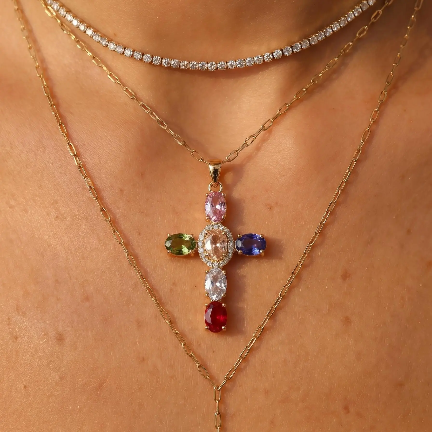 Dainty Cross Design Pendant Necklace for Women, Gold-Plated with Multicolor Cubic Zirconia and Rainbow Beaded Chain, Adjustable Faith Jewelry