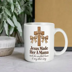 Aesthetic Christian Mama Mug, Jesus Made Her A Mama Coquette Style, Faith-Based Motherhood Lifestyle, Christian Girl Neutral Aesthetic, Blessed Motherhood Gift, Cross and Bows Graphic Cup, Trendy Faith Drinkware, Unique Religious Gift for Her