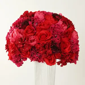 Pre-Arranged Artificial Rose Wedding Centerpiece, Red Silk Rose Flower Balls Arrangement Table Decor - 20"