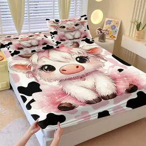 Pink Cartoon Highland Cow Fitted Sheet Set and 2 Pillowcases No Core, Highland Cow Wearing Tulle Skirt with Black White Cow Print Background, Soft Non-Slip Wrinkle Resistant, Cute Bedroom Decor Gift
