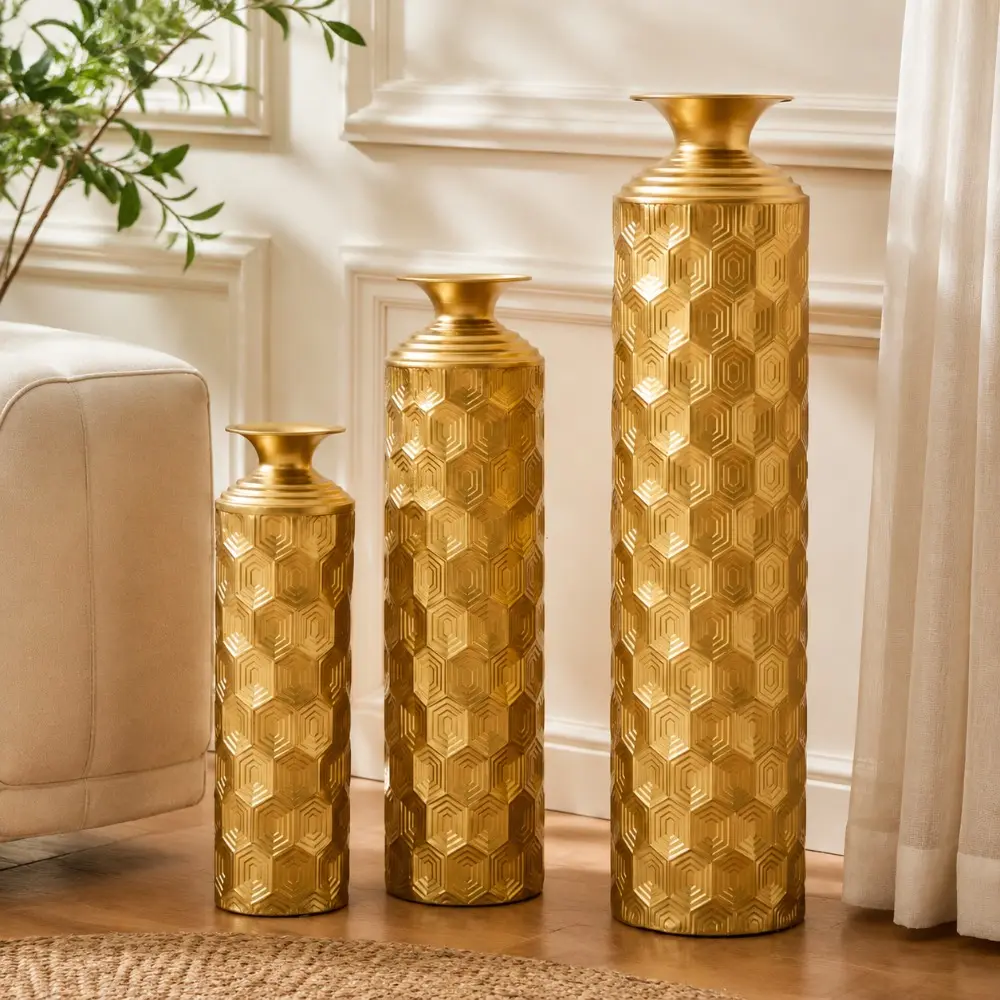 Littleox 3-Piece Modern Gold Metal Floor Vase Set, Hexagon Textured, 33.46" 25.59" 19.69" Tall, Large Decorative Vases for Entryway, Living Room, Home Decor, Not Waterproof