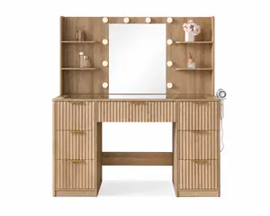 [MothersDayGift] AMERLIFE 36.2/47.2" Fluted Vanity Desk with Mirror and Adjustable LED Lights, Large 4/7 Drawers Makeup Table with Glass Top and Charging Station for Women and Girls, Bedroom or Dorm/Best Gift Ideas/Christmas Gifts