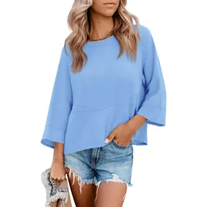 Imily Bela Womens 3/4 Batwing Sleeve Tops Casual Loose Fit Crewneck Shirts Fall Flowy Trendy Tees Blouse