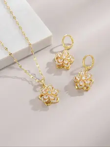 Cute Cubic Zirconia Five-Petal Flower Stainless Steel Necklace & Earrings Set, 18k Gold Plated Jewelry for Women, Stylish Charming Versatile All Seasons Accessory